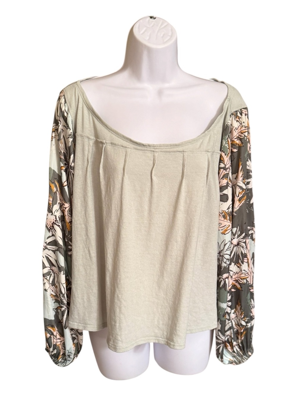 Free People Floral Balloon Sleeve Boxy Top Sage Green S Flaw